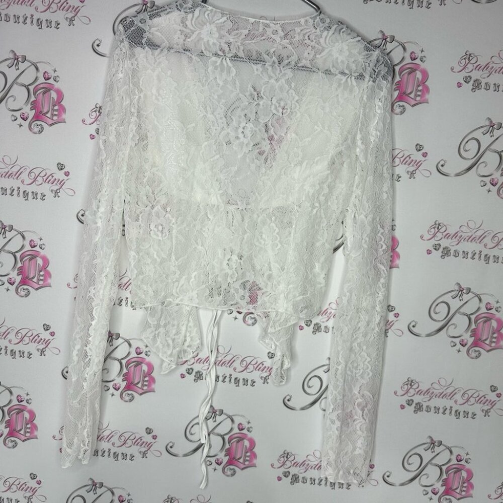 Cardigan lace top ribbon tie up white floral sexy stretchy